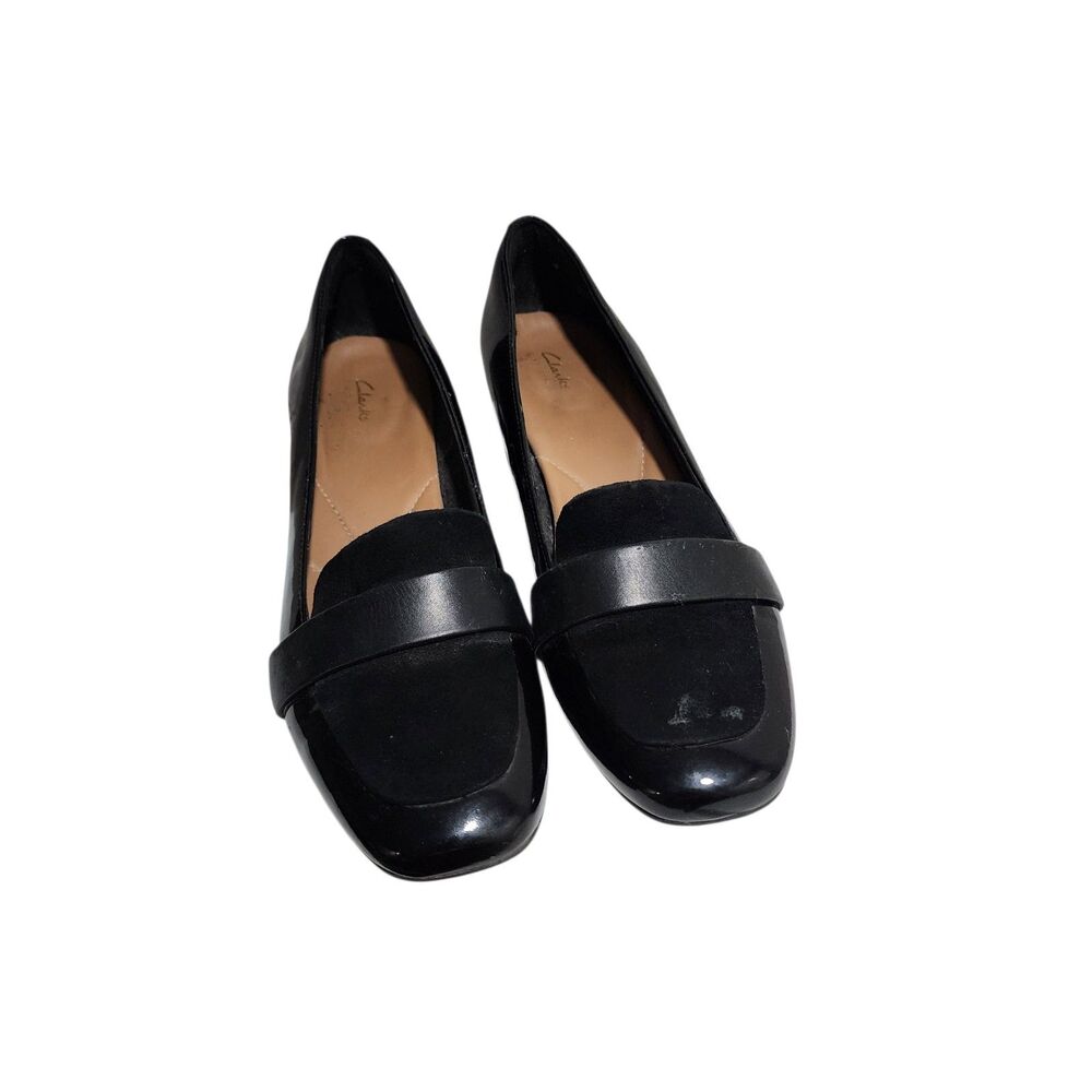 Clarks Black Patent Leather Loafer Pumps Block‎ Heel Comfort Work Shoes